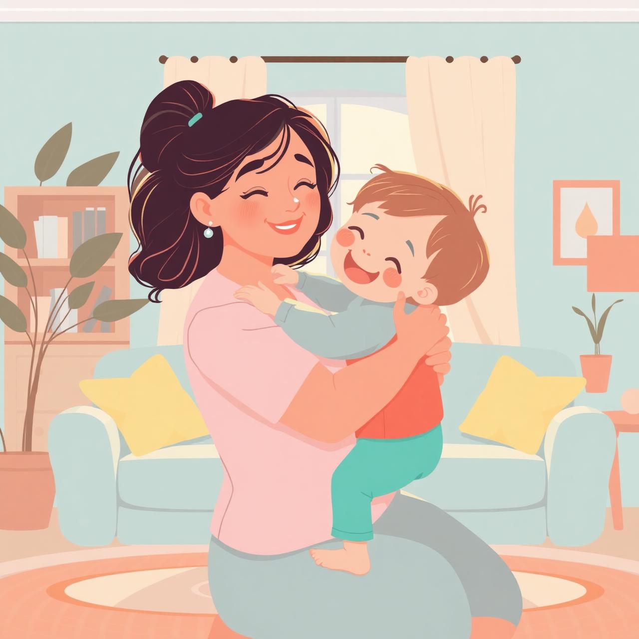 Mãe serena abraçando seu filho feliz em um lar tranquilo